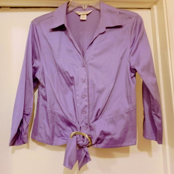 Lavender, collared blouse with metal waist tie and ruched sleeves - Picture 1 of 6